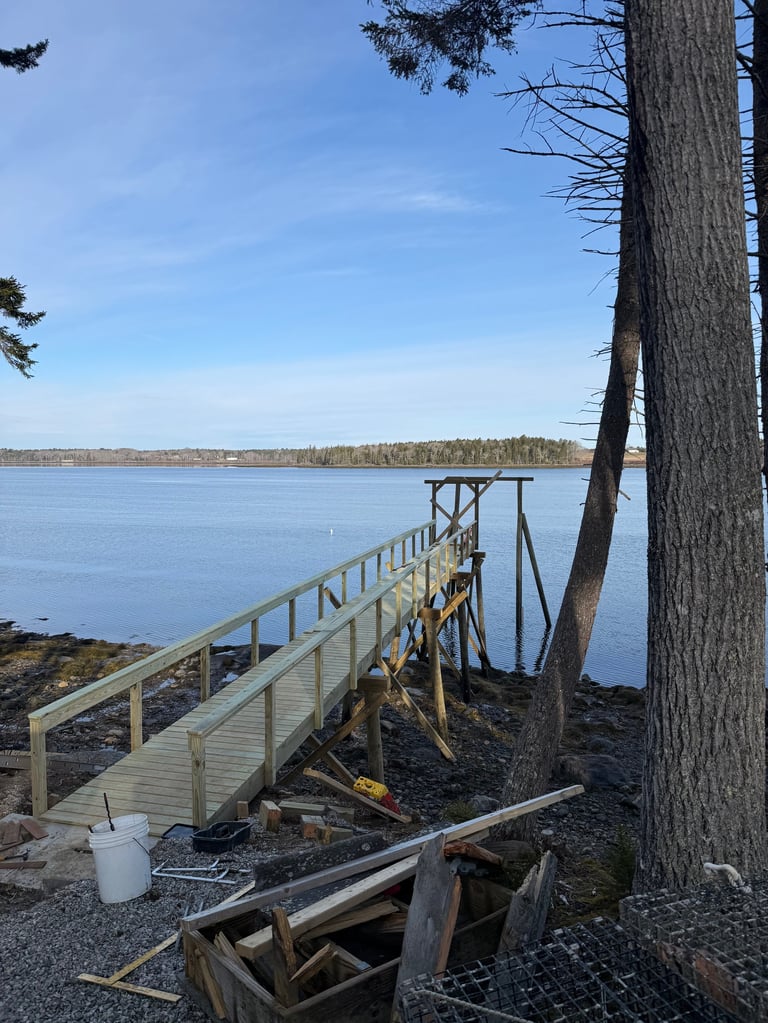 Wooden boardwalk leading to a dock on a calm blue lake, with tall pine trees and scattered logs on the shoreline