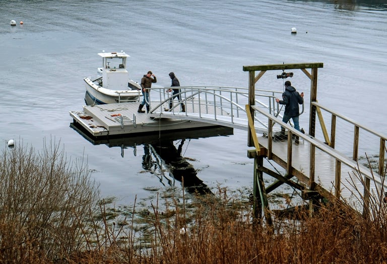 Small passenger ferry boat docked at wooden pier with people boarding near marsh grasses and calm water