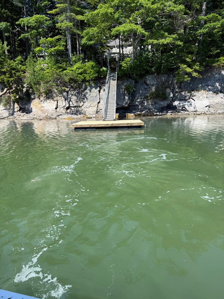 Wooden dock and stairway leading to a forested hillside from turquoise-green water