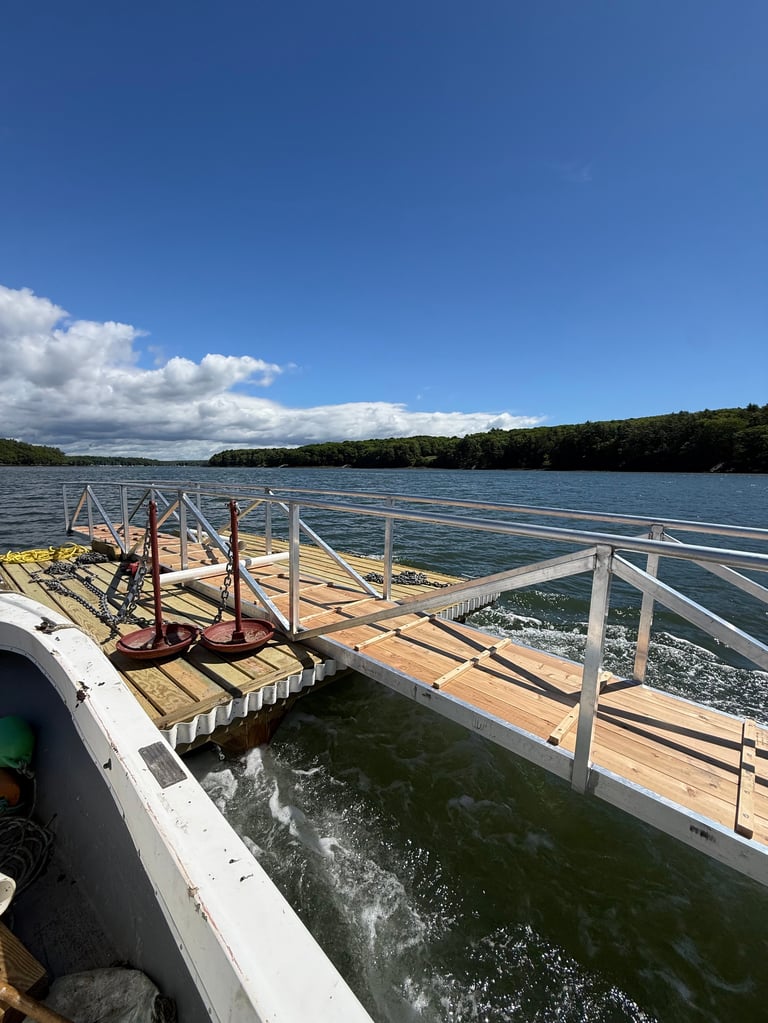 Wooden dock with metal railings extending into a calm blue lake surrounded by forested shoreline under blue sky with white clouds